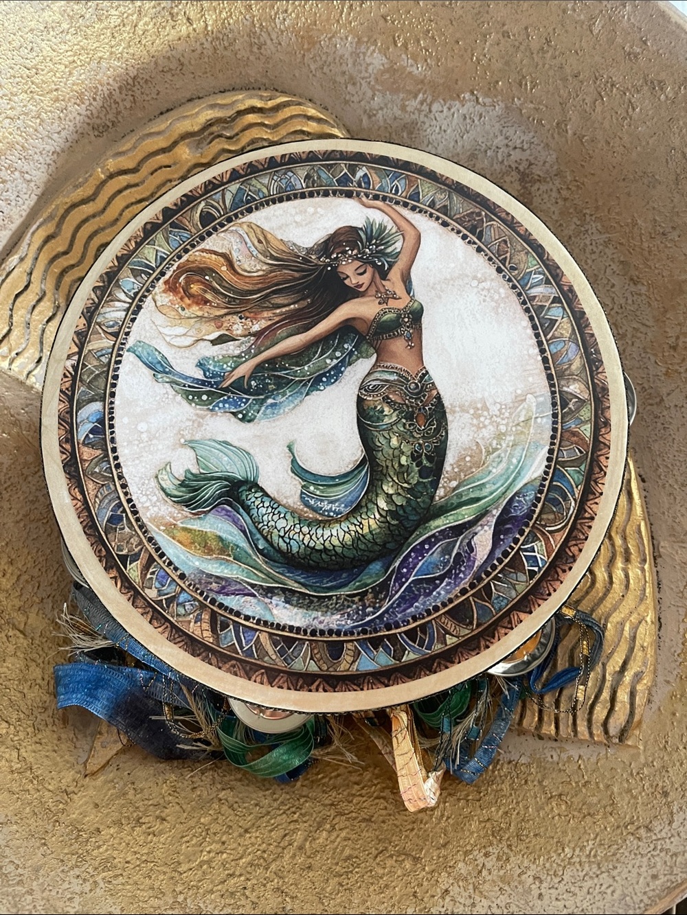 Mermaid Wall Art Tambourine in Green and Teal 8”
